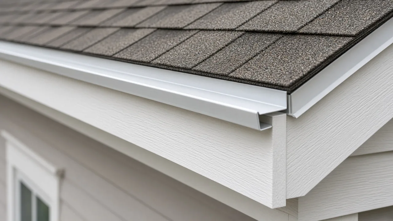 White metal drip edge flashing installed along the eave of an asphalt shingle roof